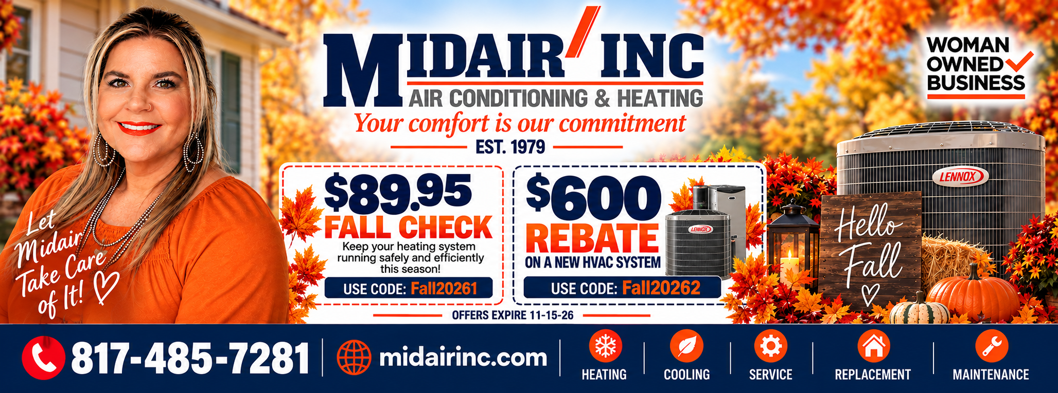 Midair Inc Fall 2026 Specials: $89.95 Fall Check and $600 Rebate on a New HVAC System